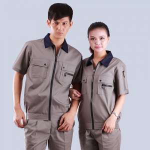 深藍純棉拼深黑接再生皮領短袖夾克