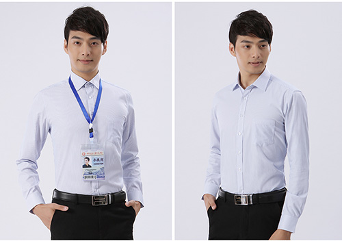 藍(lán)紹興色條紋男洗頭工士嬌色襯衣